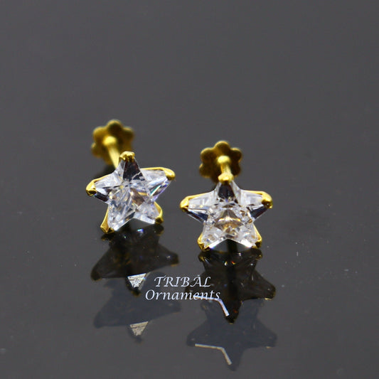 6mm 18kt yellow gold handmade single cubic zircon stone back screw star shape stud earring cartilage customized unisex jewelry er145 - TRIBAL ORNAMENTS