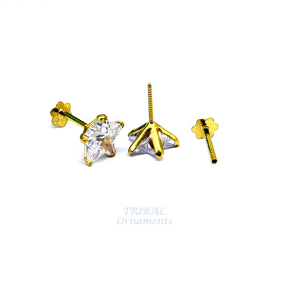 6mm 18kt yellow gold handmade single cubic zircon stone back screw star shape stud earring cartilage customized unisex jewelry er145 - TRIBAL ORNAMENTS