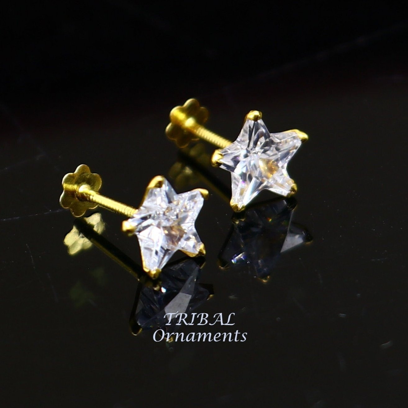 6mm 18kt yellow gold handmade single cubic zircon stone back screw star shape stud earring cartilage customized unisex jewelry er145 - TRIBAL ORNAMENTS