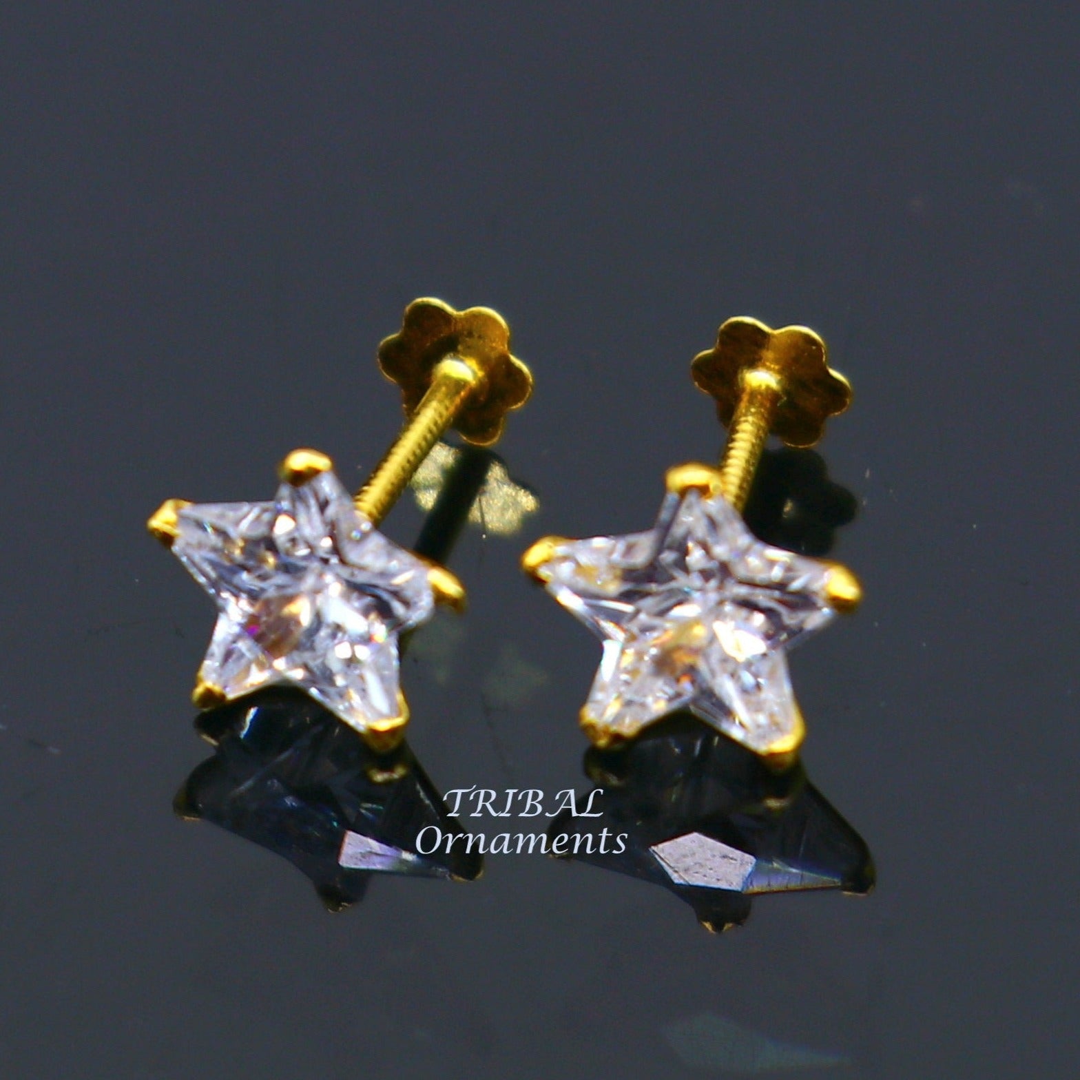 6mm 18kt yellow gold handmade single cubic zircon stone back screw star shape stud earring cartilage customized unisex jewelry er145 - TRIBAL ORNAMENTS