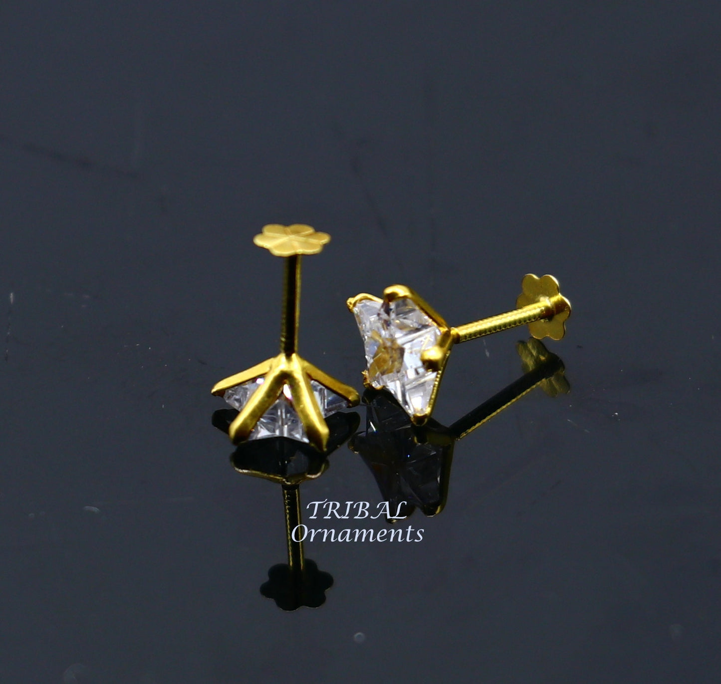6mm 18kt yellow gold handmade single cubic zircon stone back screw star shape stud earring cartilage customized unisex jewelry er145 - TRIBAL ORNAMENTS