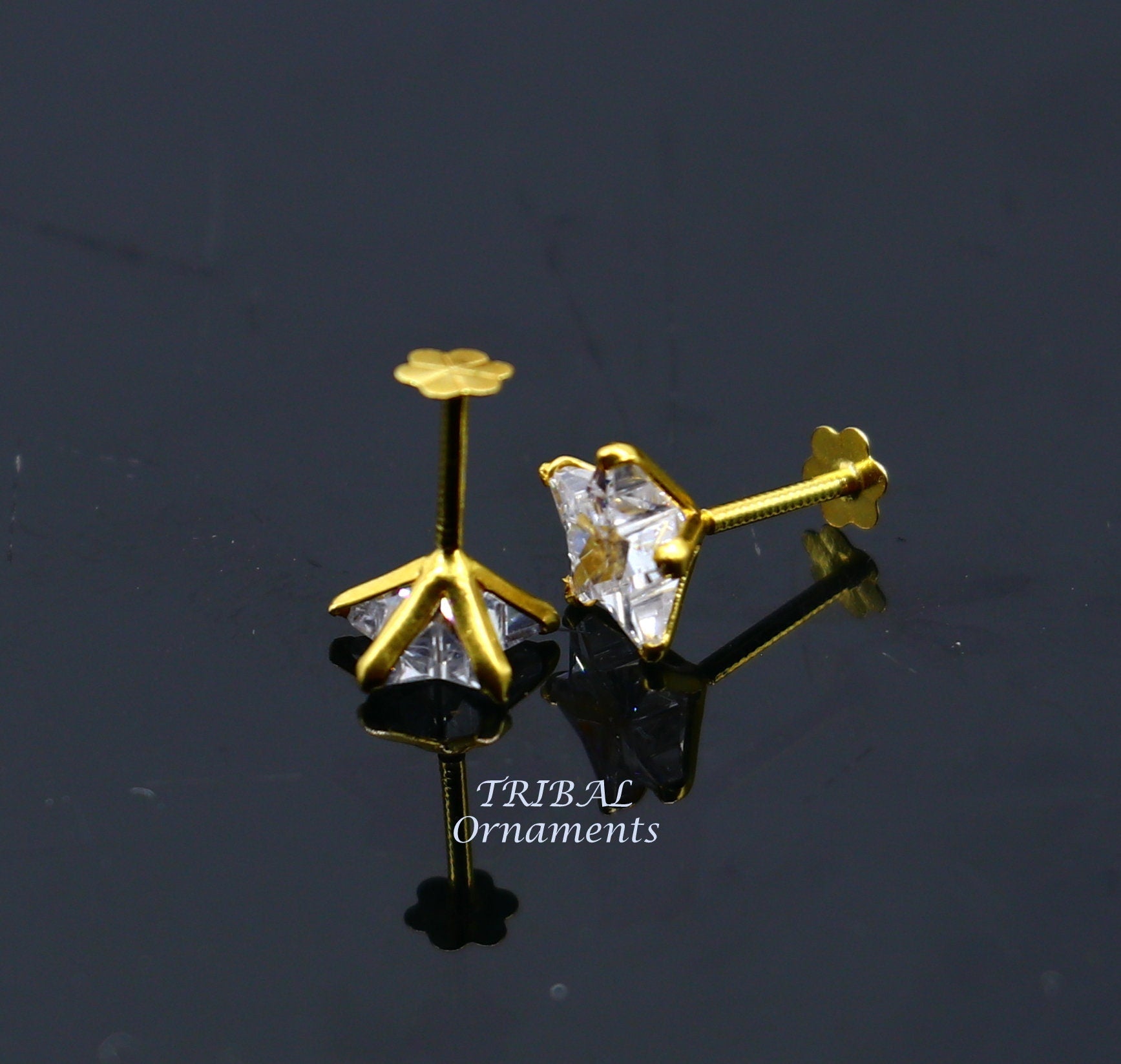 6mm 18kt yellow gold handmade single cubic zircon stone back screw star shape stud earring cartilage customized unisex jewelry er145 - TRIBAL ORNAMENTS