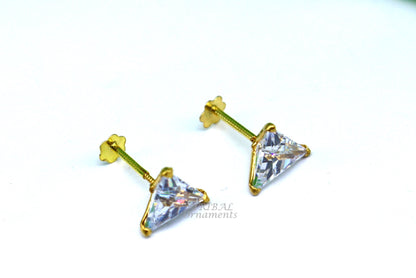 6mm 18kt yellow gold handmade single stone Triangle shape stud earring cartilage earring customized unisex screw back stud jewelry er147 - TRIBAL ORNAMENTS