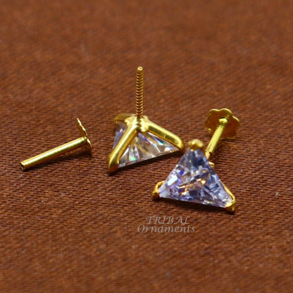 6mm 18kt yellow gold handmade single stone Triangle shape stud earring cartilage earring customized unisex screw back stud jewelry er147 - TRIBAL ORNAMENTS