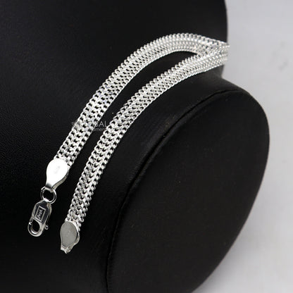 Sterling silver 6mm flat wheat chain bracelet from Rajasthan, India, flexible unisex jewelry by TRIBAL ORNAMENTS.