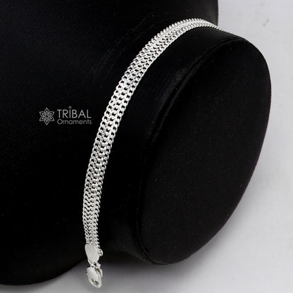 6mm sterling silver wheat chain bracelet from Rajasthan, unisex, flexible, flat plain design, crafted by TRIBAL ORNAMENTS.