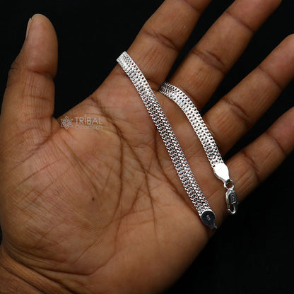 6mm 925 sterling silver wheat chain bracelet from Rajasthan India, flexible, flat, unisex jewelry by TRIBAL ORNAMENTS.