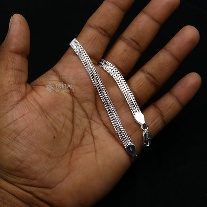 Sterling silver 6mm flat wheat chain bracelet, flexible unisex jewelry from Rajasthan India, by Tribal Ornaments.