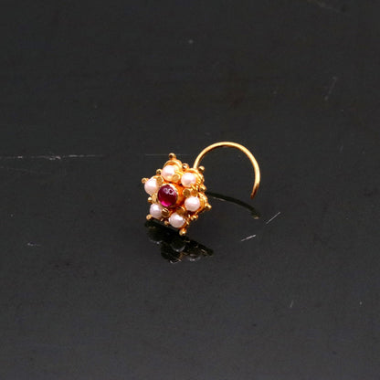 6mm white pearl and red stone nose pin in 20kt yellow gold, Indian vintage handmade tribal nose stud with antique design.