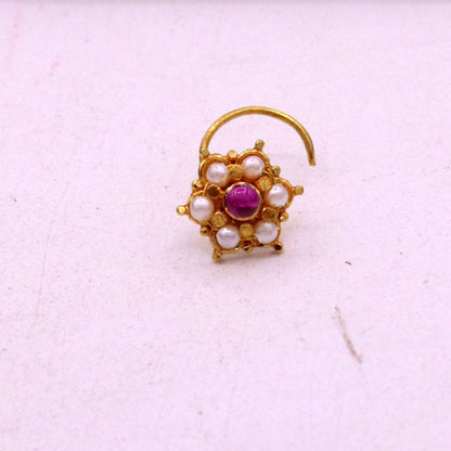 6mm white pearl and red stone nose stud in 20kt yellow gold, vintage Indian tribal design, handmade jewelry by Tribal Ornaments