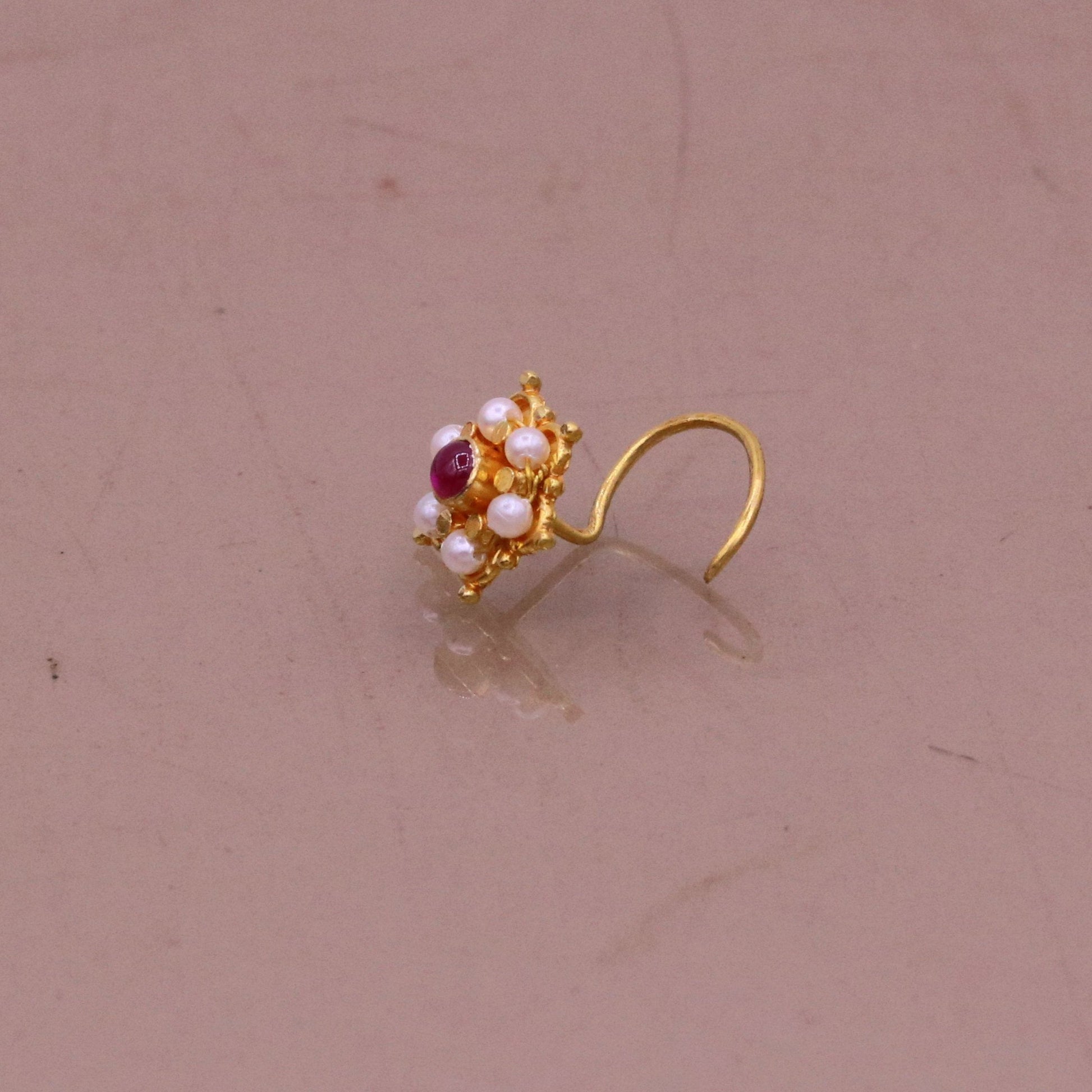 6mm white pearl and red stone fabulous 20kt yellow gold nose pin nose stud Indian vintage antique design handmade tribal jewelry gnp25 - TRIBAL ORNAMENTS