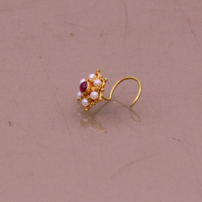 6mm white pearl and red stone nose pin in 20kt yellow gold, vintage Indian tribal handmade jewelry with antique design.