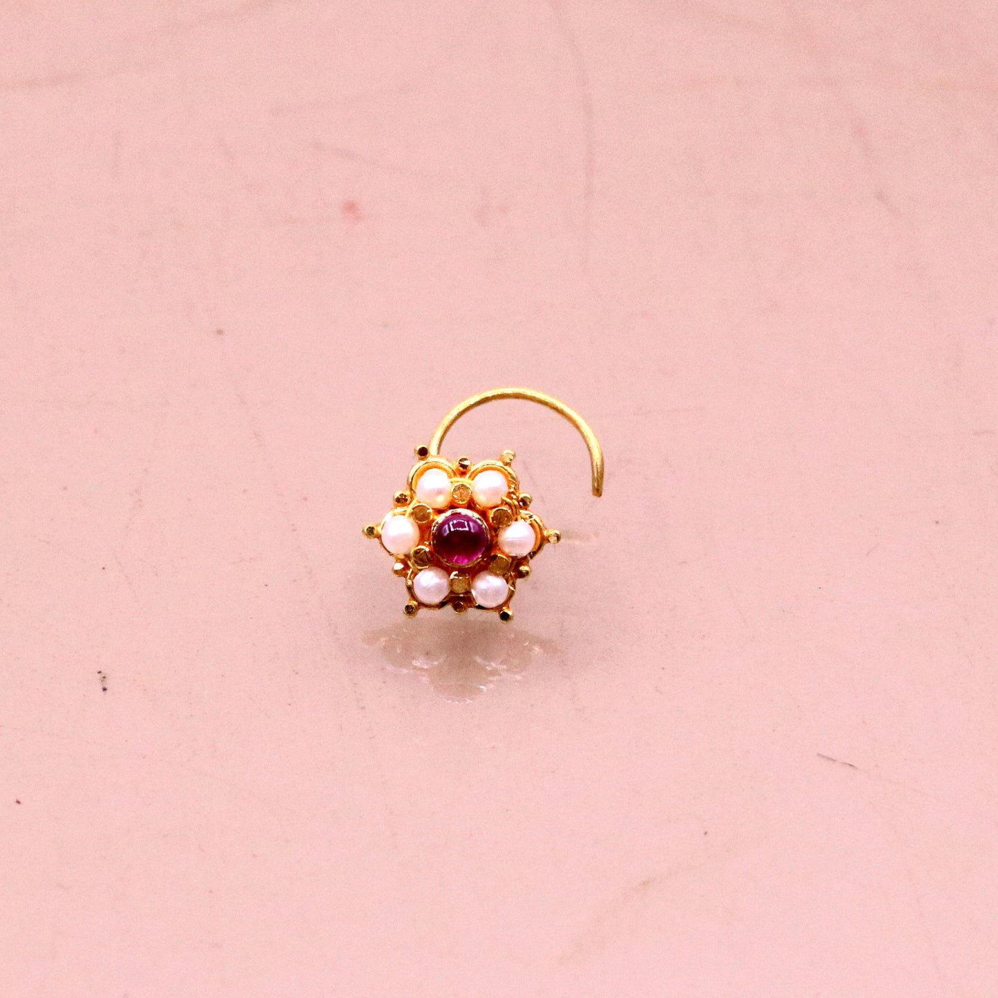 6mm white pearl and red stone fabulous 20kt yellow gold nose pin nose stud Indian vintage antique design handmade tribal jewelry gnp25 - TRIBAL ORNAMENTS