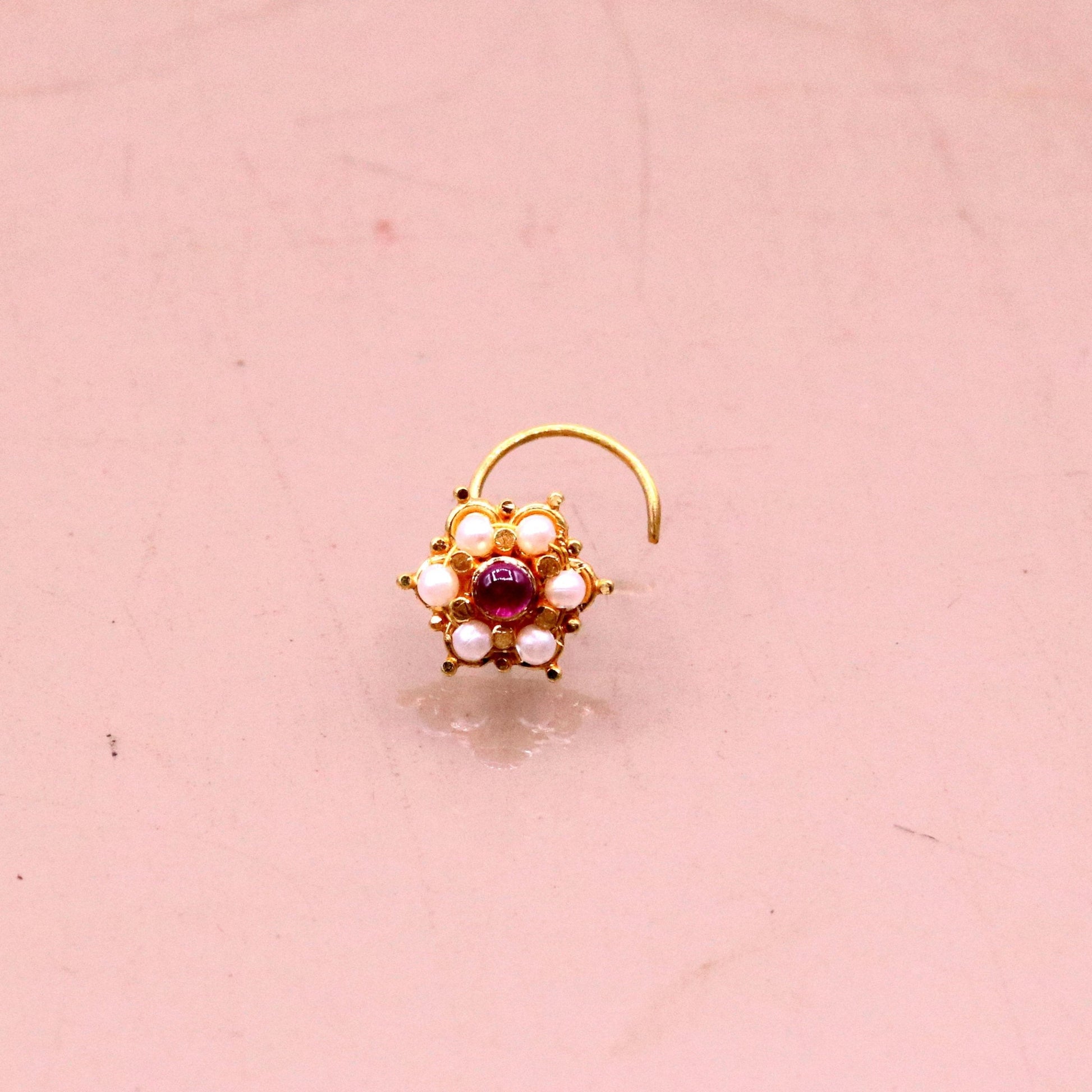 6mm white pearl and red stone fabulous 20kt yellow gold nose pin nose stud Indian vintage antique design handmade tribal jewelry gnp25 - TRIBAL ORNAMENTS