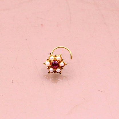 6mm white pearl and red stone nose pin in 20kt yellow gold with vintage Indian tribal design, handmade tribal jewelry.