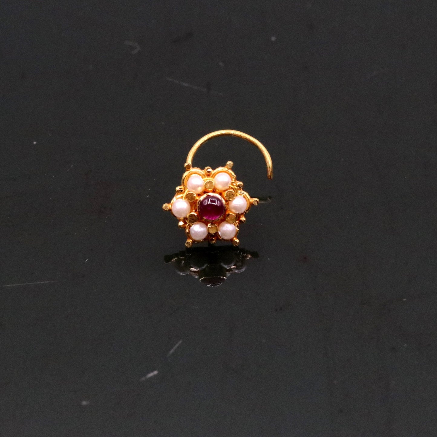 6mm white pearl and red stone fabulous 20kt yellow gold nose pin nose stud Indian vintage antique design handmade tribal jewelry gnp25 - TRIBAL ORNAMENTS