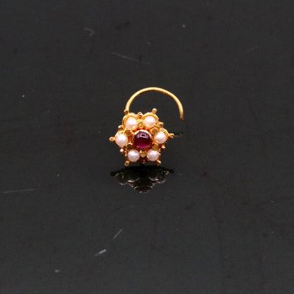 6mm white pearl and red stone nose pin in 20kt yellow gold with vintage Indian tribal design, handmade jewelry by Tribal Ornaments.