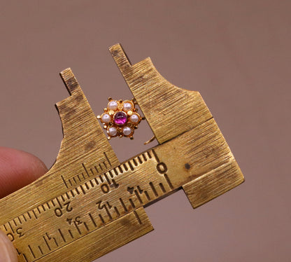 6mm white pearl and red stone nose pin in 20kt yellow gold, vintage Indian tribal handmade nose stud jewelry.