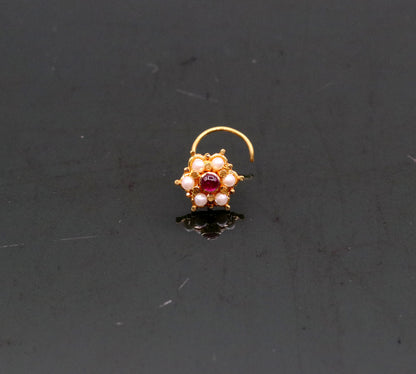 6mm white pearl and red stone Indian vintage 20kt yellow gold nose pin with antique tribal design, handmade jewelry.