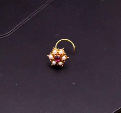 6mm white pearl and red stone nose stud in 20kt yellow gold with vintage Indian tribal design, handmade tribal jewelry.