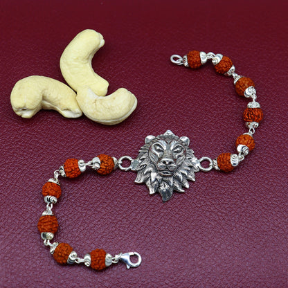 Sterling silver customized lion design Rudraksha beaded bracelet with intricate details, ideal for traditional Rakhi gifting.
