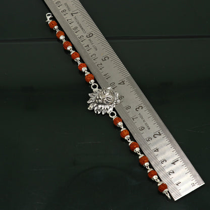 925 Sterling silver lion design Rudraksha beaded bracelet with customized details, crafted by TRIBAL ORNAMENTS.