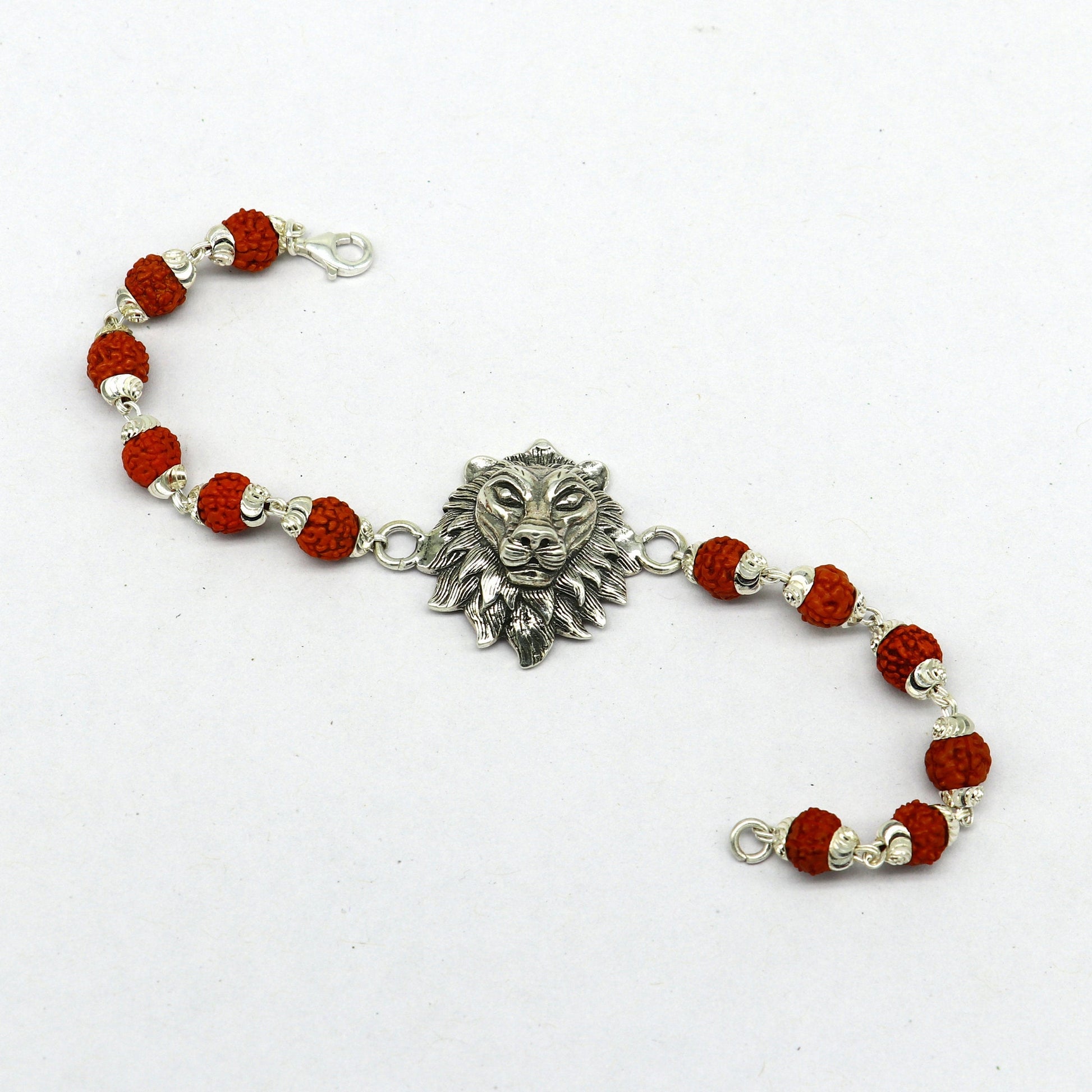 7.0" 925 Sterling silver customized rudraksha beaded lion Rakhi or bracelet. best gift for your brother's  for special Rakshabandhan rk05 - TRIBAL ORNAMENTS