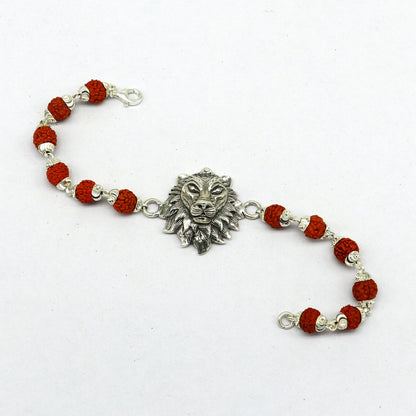 925 Sterling silver lion design Rudraksha beaded bracelet with customized details, crafted by TRIBAL ORNAMENTS.