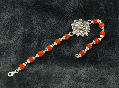 Sterling silver customized lion design Rudraksha beaded bracelet with intricate details, ideal for rakhi or special occasions.