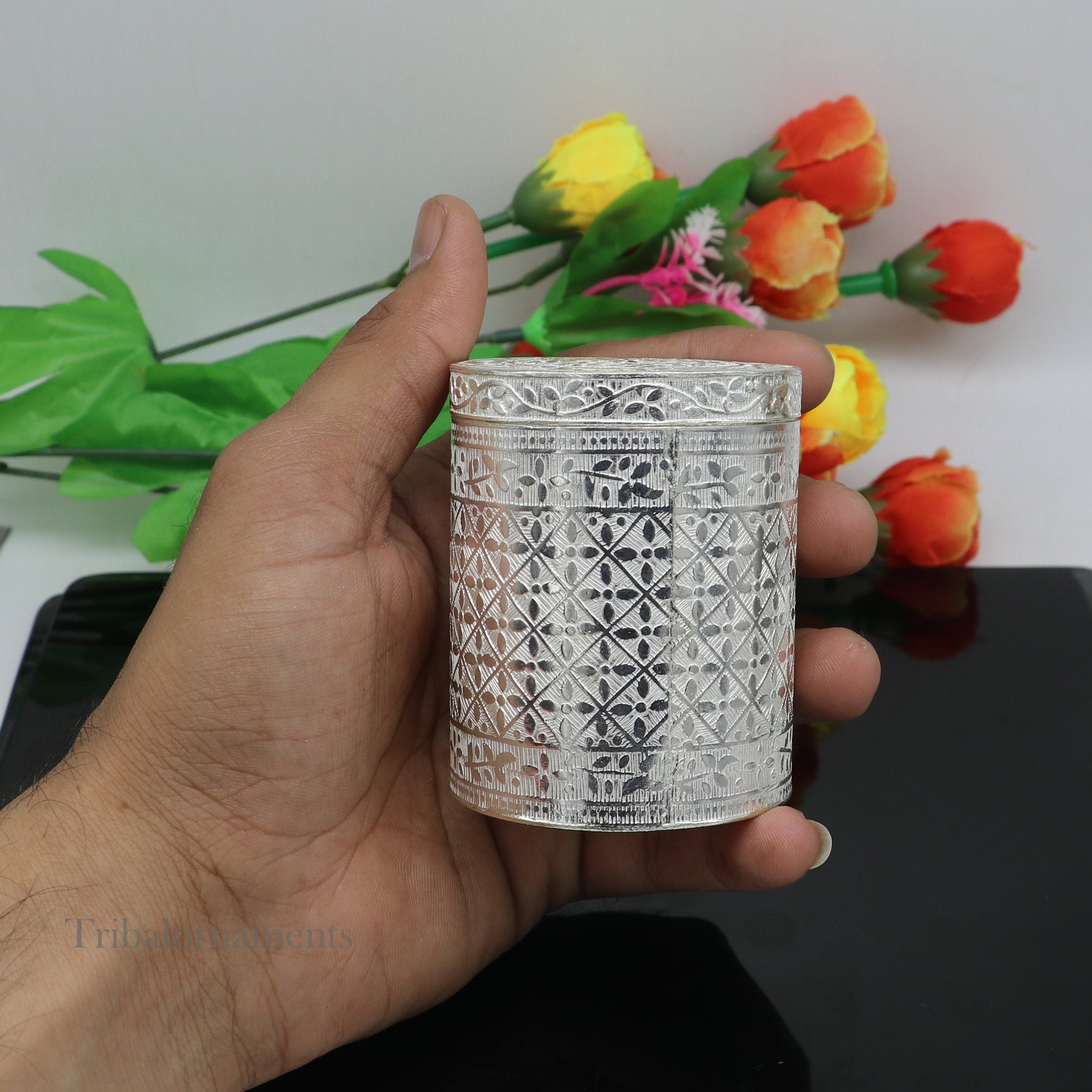 7.3cm 925 solid silver utensils vintage style trinket box, container/casket box bridal floral work box, jewelry box silver utensils stb310 - TRIBAL ORNAMENTS