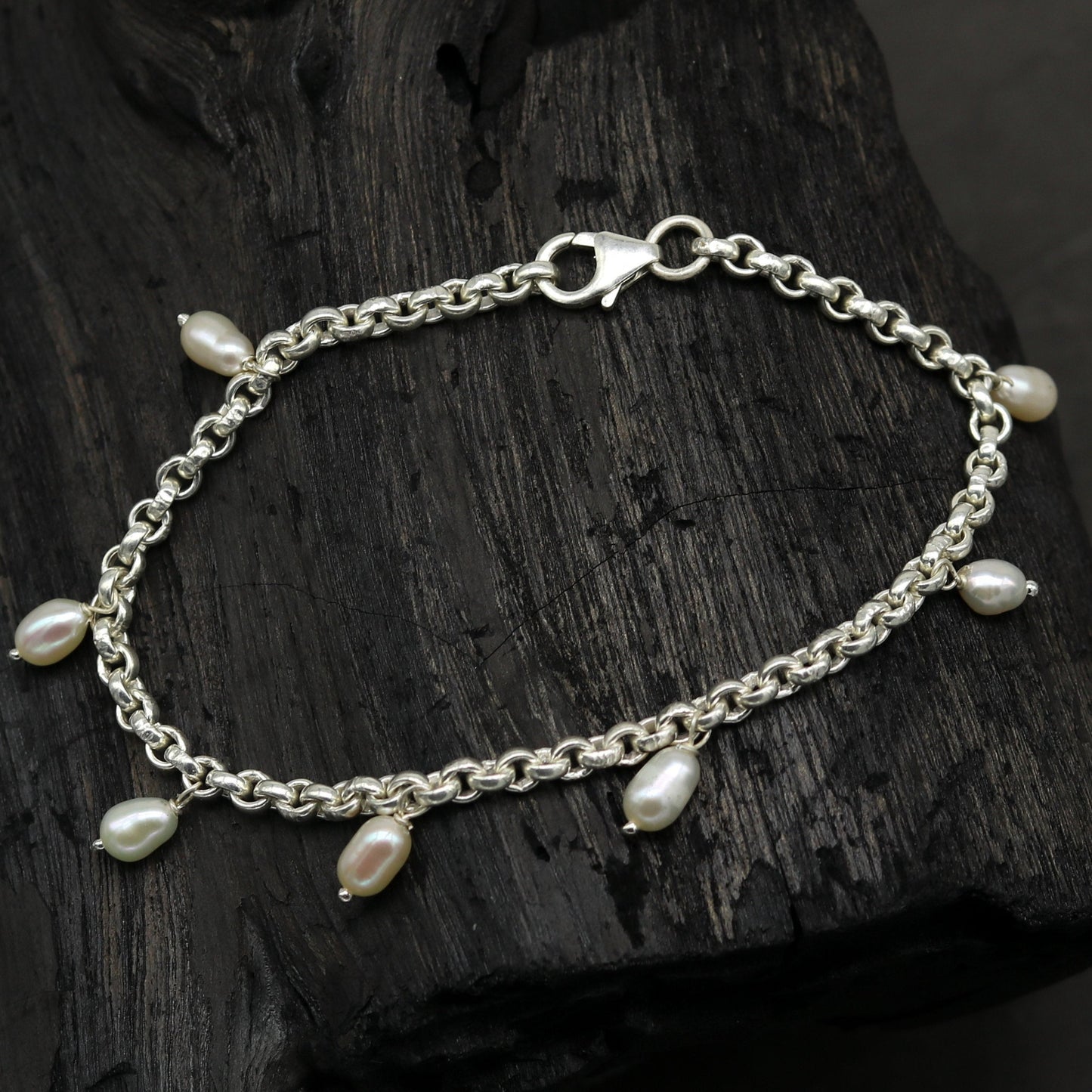 7.5" 925 sterling silver handmade customized charm bracelet, stylish pearl bracelet unisex gifting jewelry belly dance jewelry nsbr191 - TRIBAL ORNAMENTS