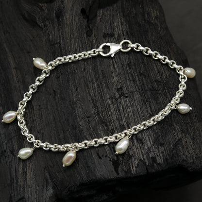 7.5" 925 sterling silver handmade customized charm bracelet, stylish pearl bracelet unisex gifting jewelry belly dance jewelry nsbr191 - TRIBAL ORNAMENTS