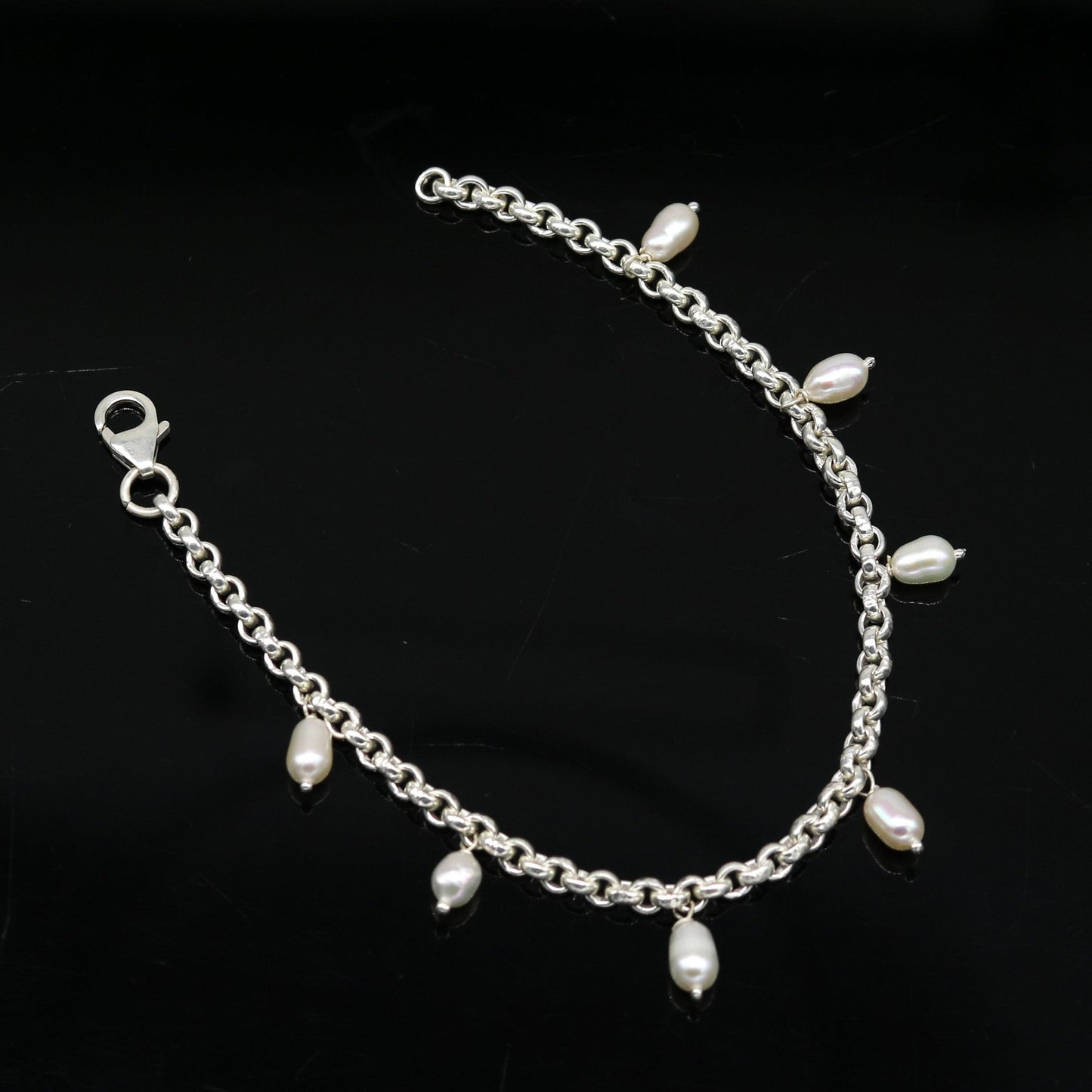 7.5" 925 sterling silver handmade customized charm bracelet, stylish pearl bracelet unisex gifting jewelry belly dance jewelry nsbr191 - TRIBAL ORNAMENTS