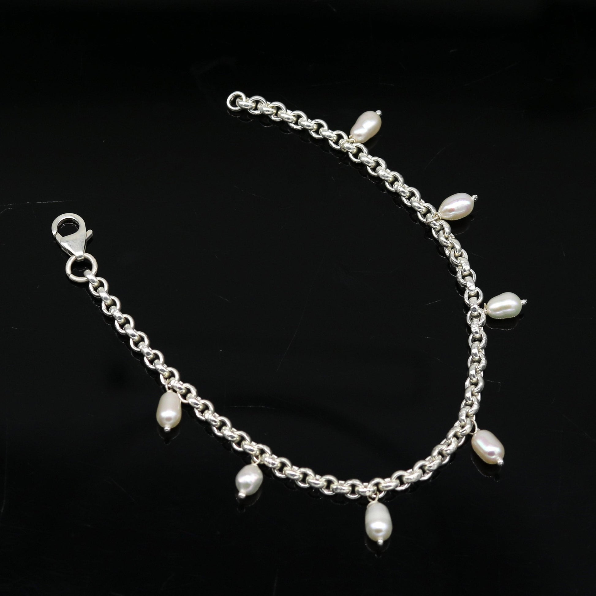 7.5" 925 sterling silver handmade customized charm bracelet, stylish pearl bracelet unisex gifting jewelry belly dance jewelry nsbr191 - TRIBAL ORNAMENTS