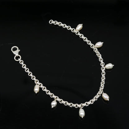 7.5" 925 sterling silver handmade customized charm bracelet, stylish pearl bracelet unisex gifting jewelry belly dance jewelry nsbr191 - TRIBAL ORNAMENTS