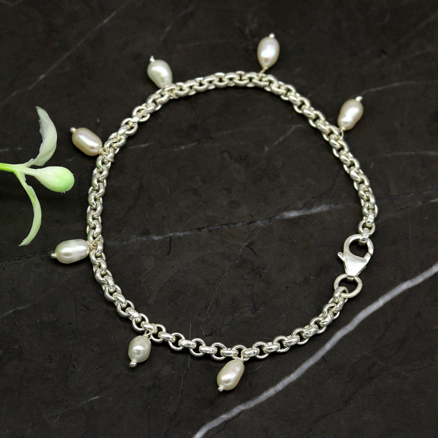 7.5" 925 sterling silver handmade customized charm bracelet, stylish pearl bracelet unisex gifting jewelry belly dance jewelry nsbr191 - TRIBAL ORNAMENTS