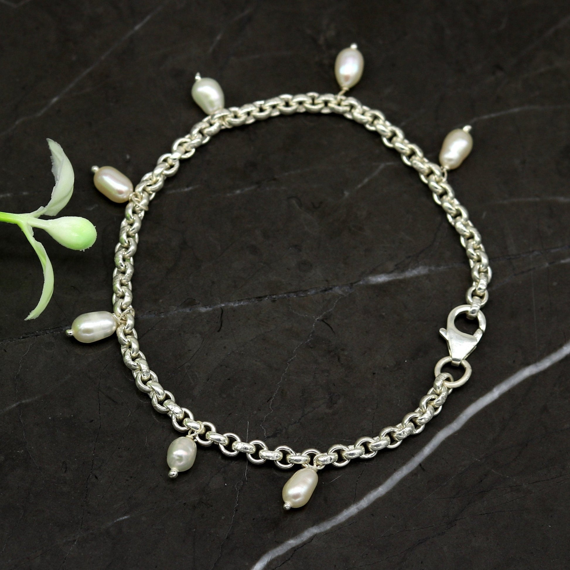 7.5" 925 sterling silver handmade customized charm bracelet, stylish pearl bracelet unisex gifting jewelry belly dance jewelry nsbr191 - TRIBAL ORNAMENTS