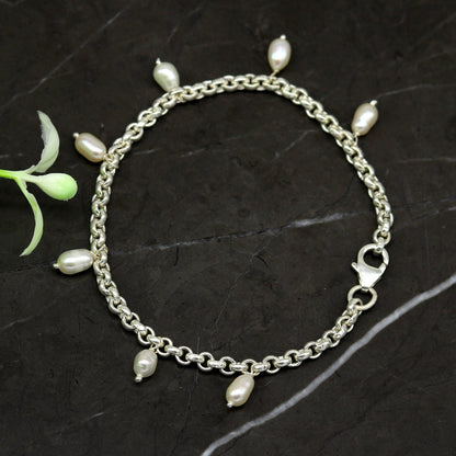 7.5" 925 sterling silver handmade customized charm bracelet, stylish pearl bracelet unisex gifting jewelry belly dance jewelry nsbr191 - TRIBAL ORNAMENTS