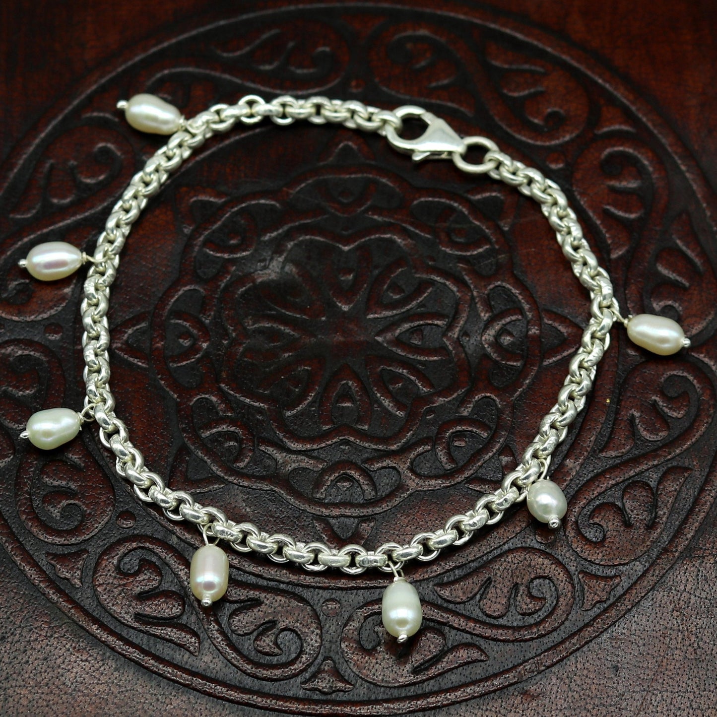 7.5" 925 sterling silver handmade customized charm bracelet, stylish pearl bracelet unisex gifting jewelry belly dance jewelry nsbr191 - TRIBAL ORNAMENTS