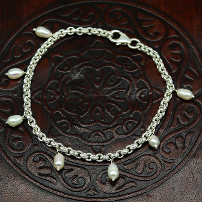 7.5" 925 sterling silver handmade customized charm bracelet, stylish pearl bracelet unisex gifting jewelry belly dance jewelry nsbr191 - TRIBAL ORNAMENTS
