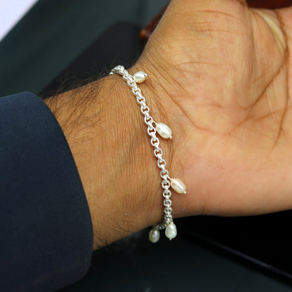 7.5" 925 sterling silver handmade customized charm bracelet, stylish pearl bracelet unisex gifting jewelry belly dance jewelry nsbr191 - TRIBAL ORNAMENTS