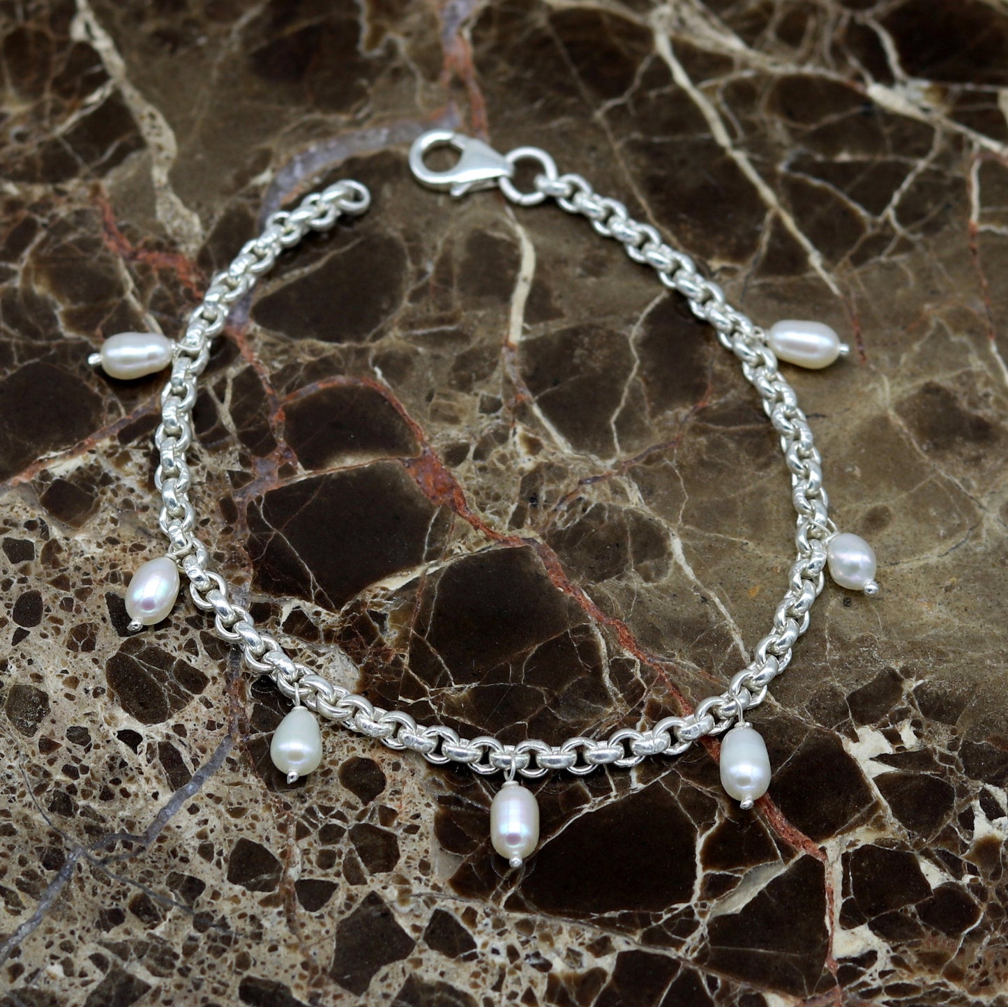 7.5" 925 sterling silver handmade customized charm bracelet, stylish pearl bracelet unisex gifting jewelry belly dance jewelry nsbr191 - TRIBAL ORNAMENTS