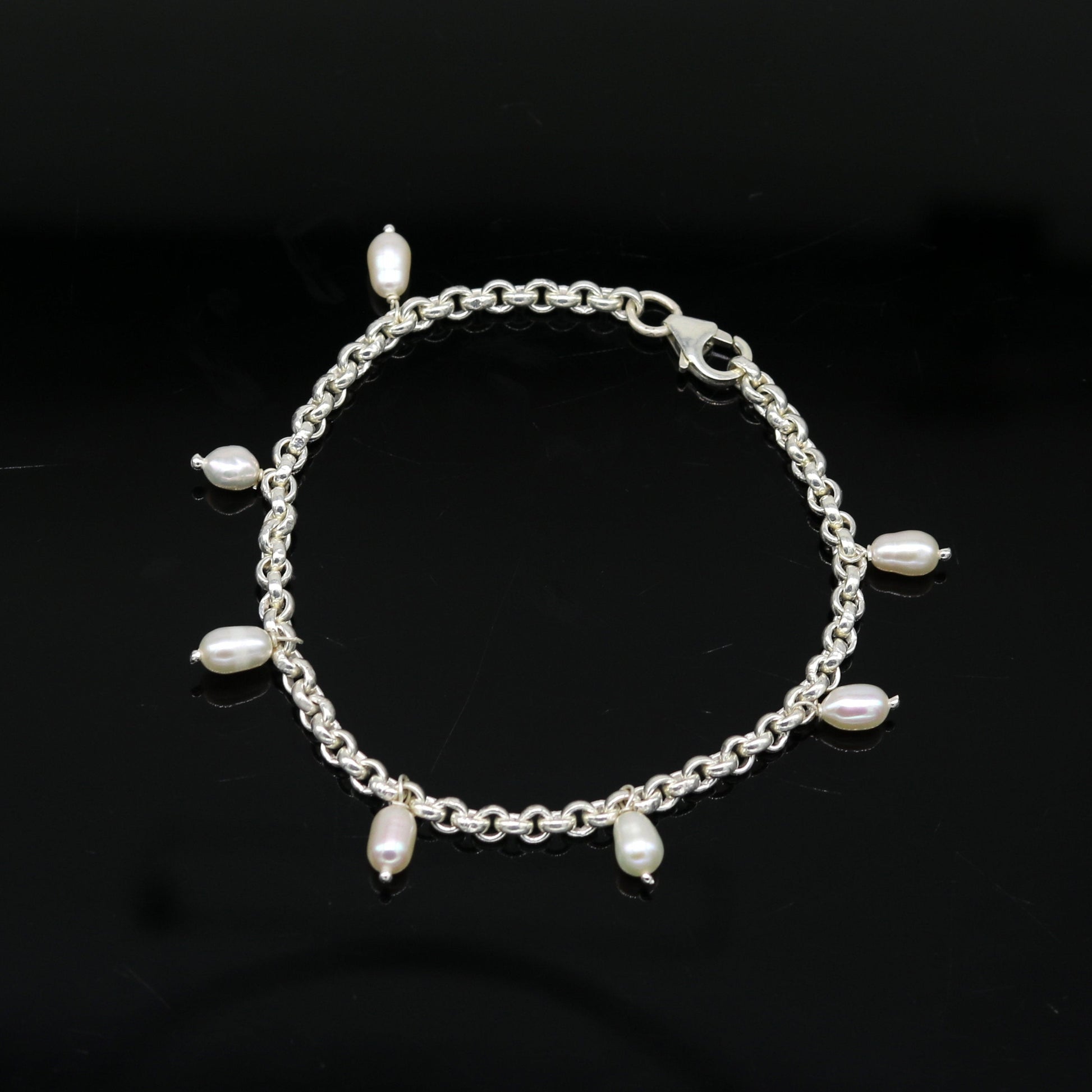 7.5" 925 sterling silver handmade customized charm bracelet, stylish pearl bracelet unisex gifting jewelry belly dance jewelry nsbr191 - TRIBAL ORNAMENTS