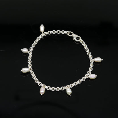 7.5" 925 sterling silver handmade customized charm bracelet, stylish pearl bracelet unisex gifting jewelry belly dance jewelry nsbr191 - TRIBAL ORNAMENTS