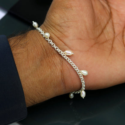 7.5" 925 sterling silver handmade customized charm bracelet, stylish pearl bracelet unisex gifting jewelry belly dance jewelry nsbr191 - TRIBAL ORNAMENTS