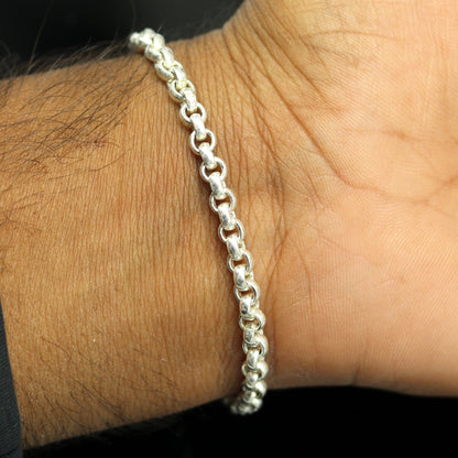Sterling silver handmade 7.5-inch customized solid rolo chain bracelet, stylish unisex link jewelry by TRIBAL ORNAMENTS.