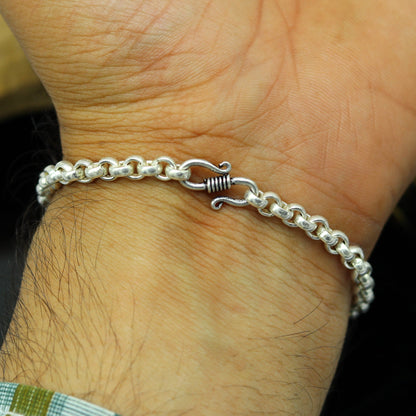 Sterling silver handmade 7.5-inch solid rolo chain bracelet with stylish links, unisex design, perfect for gifting or belly dance jewelry.