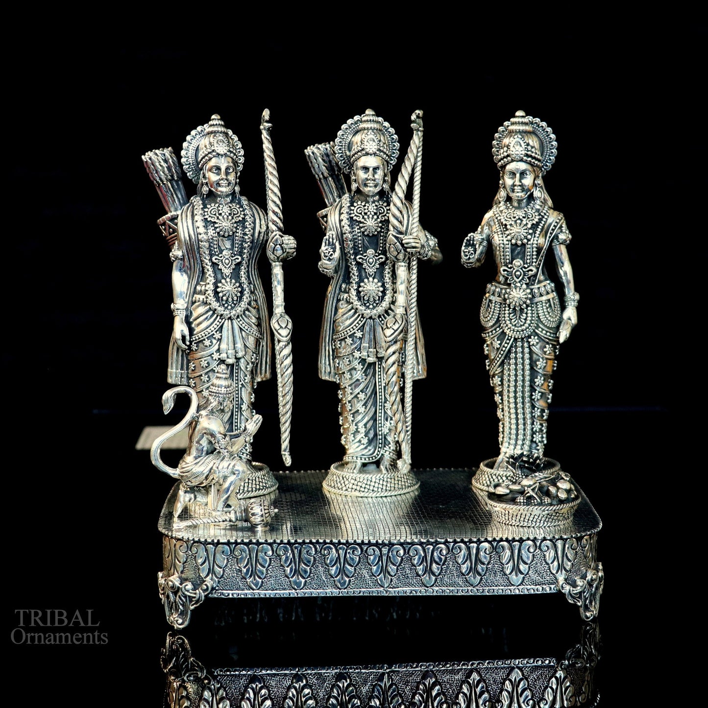 Handcrafted 7.5-inch sterling silver Shri Ram Darbar statue with Lord Rama, Laxman, and Sita, detailed sculpture by Tribal Ornaments.