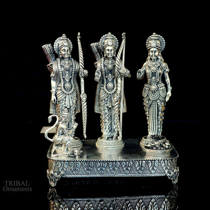 Handcrafted 7.5-inch sterling silver Shri Ram Darbar statue with Lord Rama, Laxman, and Sita, detailed sculpture by Tribal Ornaments.