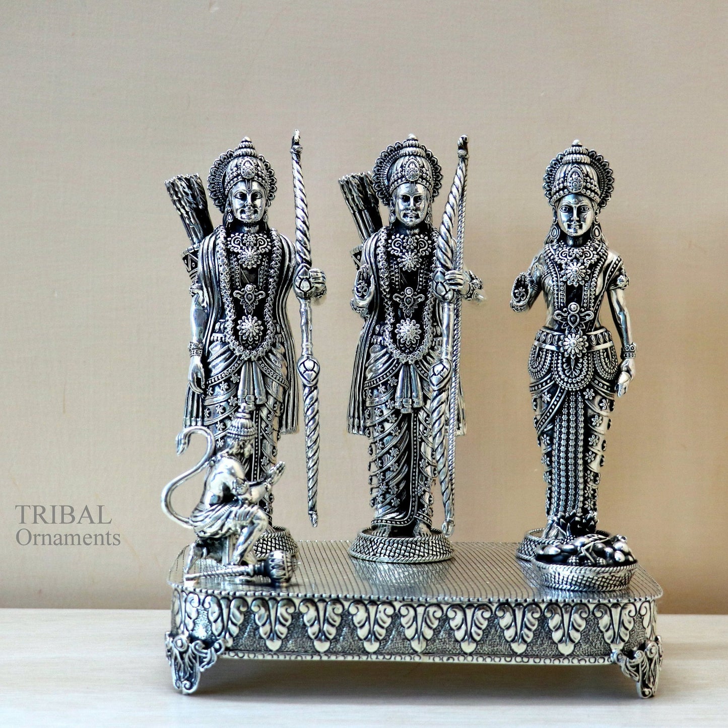 Handcrafted 7.5-inch 925 Sterling silver Shri Ram Darbar statue featuring Lord Rama, Laxman, and Seeta by Tribal Ornaments.